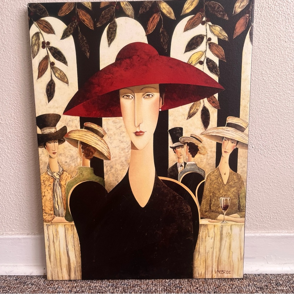 Elegant Red and Black Art Print with Minimalist Charm red hat lady Danny McBride